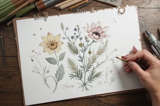 draw botanical line art illustration flower, plant, fruits