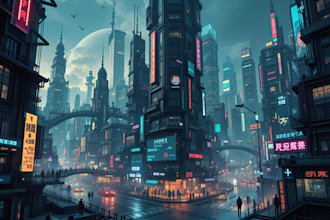 design an illustration of futuristic cyberpunk city