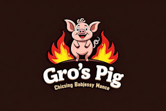 do awesome pig hot barbecue pork on red fire flame mascot logo