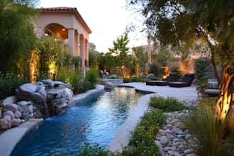 design ibackyard landscape rendering, 2d patio, pergola swimming pool, garden