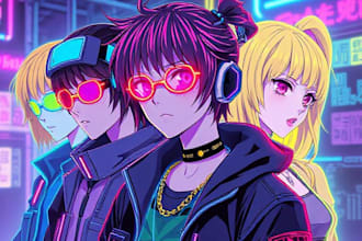 draw colorful neon cyberpunk ish anime characters for you