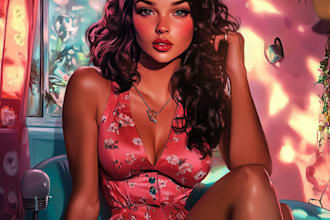 do an extremely seductive antique pin up female with incredible quality