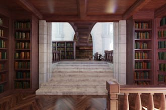renovate library interior,private office design, cgi rendering,desk walkthrough