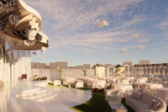 decorate 3d outdoor wedding event, banquet settings,stage planning,cgi rendering