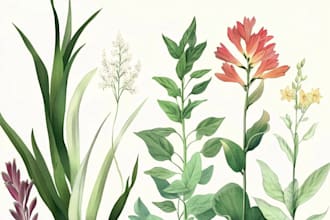 draw a botanical illustration of flowers, plants, and fruits, line art