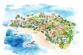 custom watercolor map illustration with landmarks, wedding