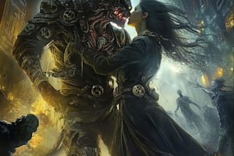 do a dark horror fantasy character art in black and white