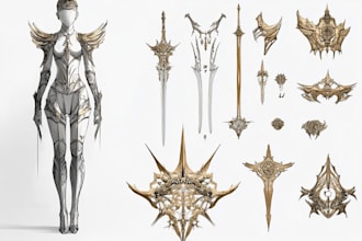 design concept art of weapons, armor, items