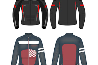 design motorcycle suits, denim and leather jackets, gloves tech pack flat sketch