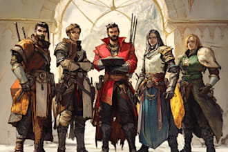 do a dnd art party character, fantasy, monster, scifi ilustration