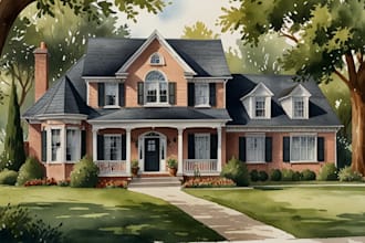 create a hand painted watercolor house portrait of your home
