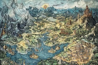 cartoon fantasy map illustration, doodle hand drawn