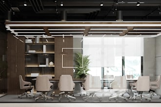 recreate 3d cgi office interior, conference room,workspace layout,podcast render