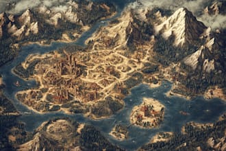 draw cartoon fantasy map illustration, doodle hand drawn