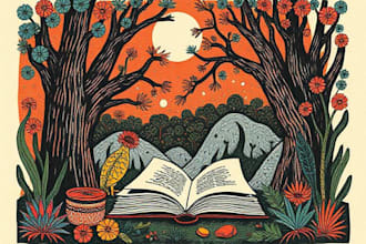 make niche colorful linocut and woodcut book illustrations