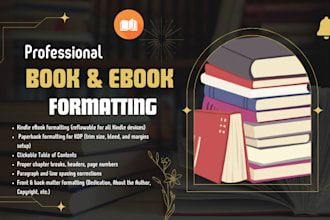 do book formatting, kindle ebook formatting and paperback formatting for KDP