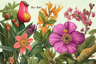draw botanical illustrations of flowers, plants, fruits