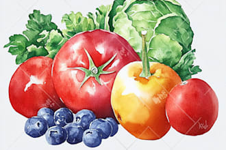paint watercolor fruits, vegetables, berries in my own style