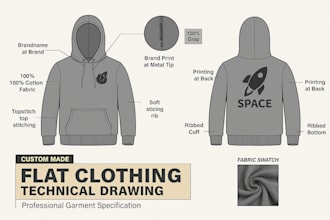 create detailed fashion tech pack with flat sketch for clothing brand