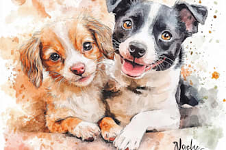 draw aesthetic watercolor pet portrait dog, cat, family, etc