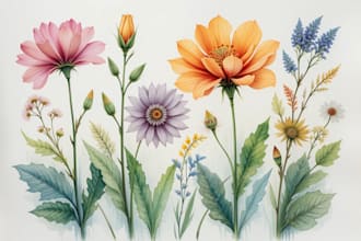 paint watercolor botanical illustration of flowers, plants