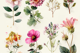 watercolor botanical illustrations of flowers and plants