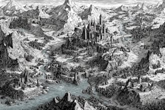 make cartoon fantasy map illustration, doodle hand drawn