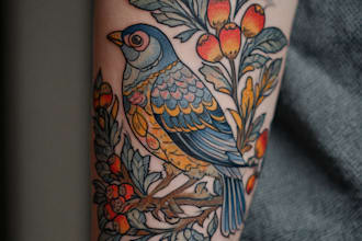microrealistic linework and geometric style tattoo design