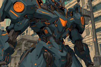 do custom digital 2d anime mecha art illustration