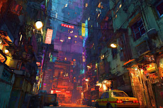 make a cyberpunk futuristic city art