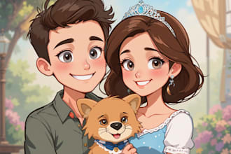 draw disney cartoon style couple,family,pet cartoon portrait