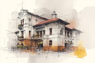 sketch architecture building with watercolor rendering