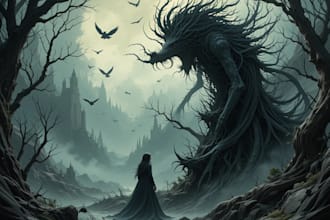 create book illustrations for mystical stories in dark style