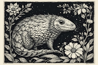 illustrate botanical and animal linocut vector illustration