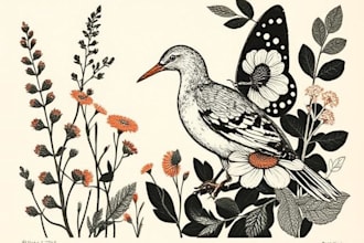 illustrate botanical and animal linocut illustration