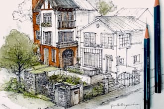 draw ink or watercolor sketch of a house building