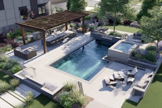 do modern landscape rendering, backyard, pool patio, garden