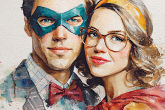make watercolor super hero couple portrait