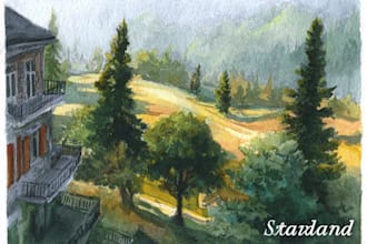 paint a watercolor and gouache landscape illustration