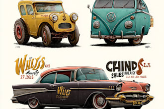 create drawn cartoon vintage retro cars design
