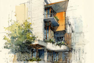 sketch architecture building with watercolor rendering