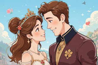 draw your couple into lovely disney cartoon portrait