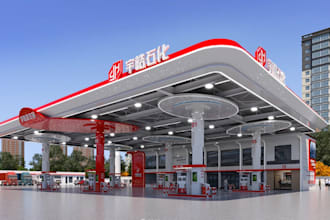 render 3d fueling station exterior,layout,gas station,mini mart,filling station