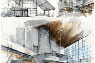 draw architectural sketches of building interior and exterior