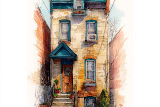 handmade watercolor painting of house, building