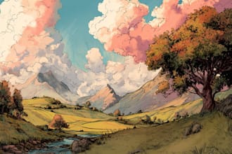 draw landscape illustration in colored