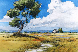 draw landscape sketch watercolor and ink