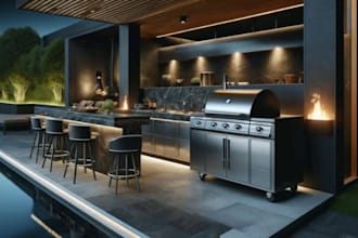 do outdoor kitchen design, 3d front elevation, modern garden, backyard landscape