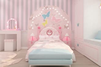 design 3d kid room interior,furniture layout, whimsical decor,cgi living area