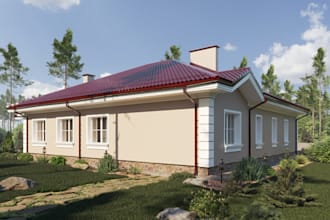 design exterior render, outdoor furniture, surrounding landscaping,backyard area